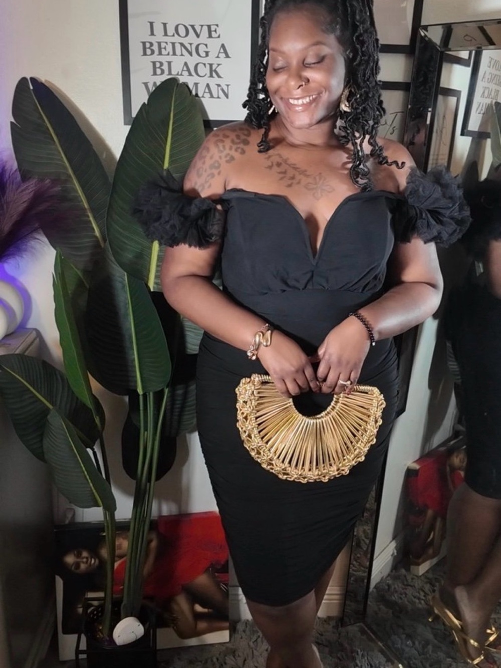SHEIN Black Off-Shoulder Ruffle Sleeve Bodycon Dress